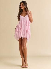 SHEIN BAE 夏季海边度假纯色浅粉色节日连衣裙荷叶边雪纺蛋糕裙吊带裙音乐节服装乡村音乐节服装演唱会服装返校服装婚礼伴娘服装 - 淺粉色 - 查看 5