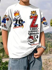 SHEIN Teens Boys' Casual Minimalist Short Sleeve Round Neck T-Shirt With Tiger Graphic, Suitable For Summer - White - View 2