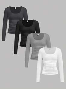 SHEIN 4pcs Tween Girl Casual Solid Color Comfortable Square Neck Long Sleeve T-Shirt Set
