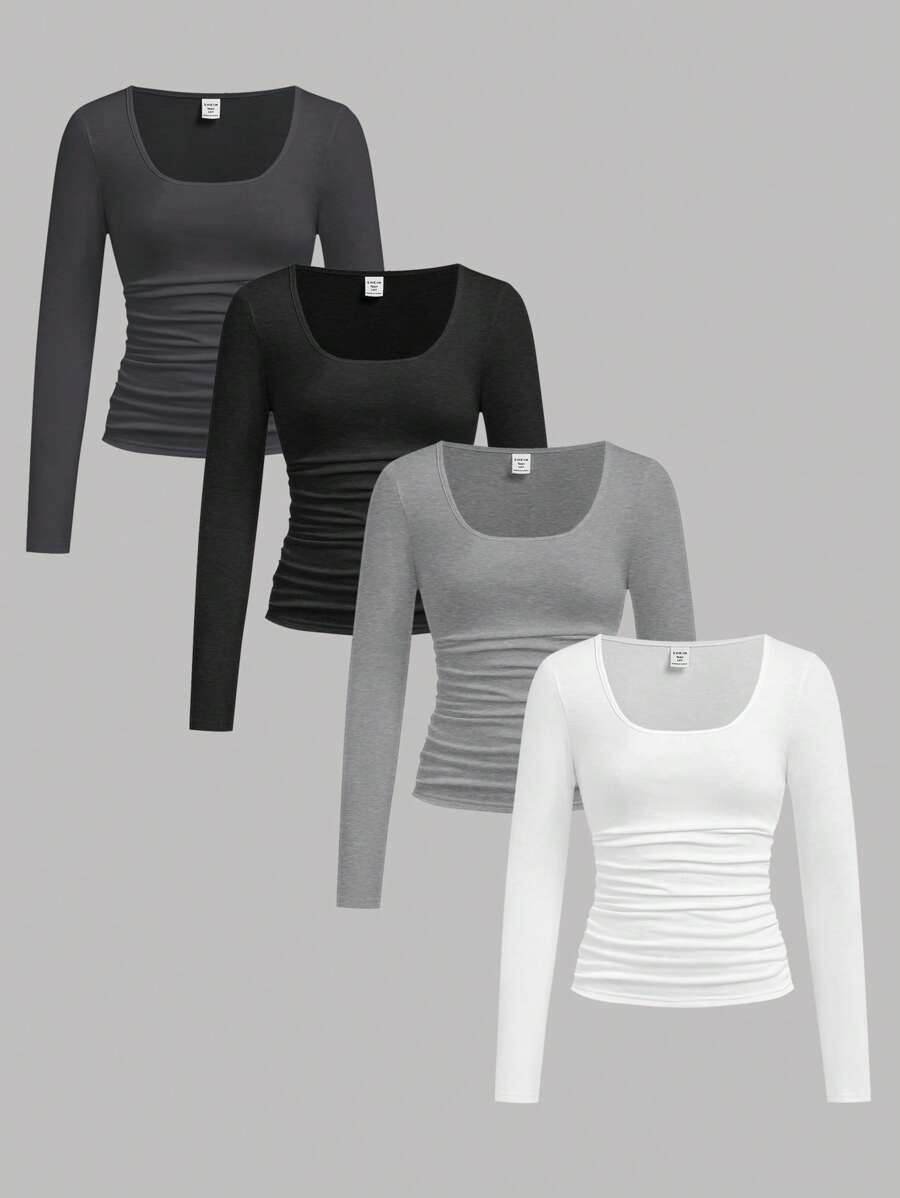 SHEIN 4pcs Tween Girl Casual Solid Color Comfortable Square Neck Long Sleeve T-Shirt Set
