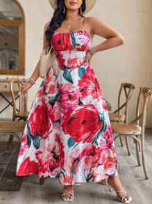 SHEIN Clasi Abito lungo da donna per vacanza, con stampa floreale, spalline a spaghetti e schiena aperta - Multicolore - Visualizzare 3