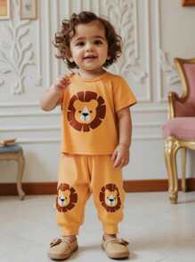 2 Pcs/Set Newborn Baby Boy Lion Print Short Sleeve Shirt & Long Pants Set, Cute Outfit For 3-6 Months, Orange Color Suitable For Summer, Versatile For Casual Wear Or Outdoor