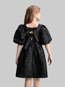 Ontre Tween 女童宽松舒适派对泡泡袖蝴蝶结装饰露背设计纹理 A 字裙，黑色，适合户外活动、派对、度假、春夏