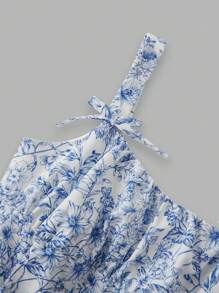 SHEIN Leap Crew Tween Girl 复古印花拼色 V 领荷叶边袖度假连衣裙 - 黑與白 - 查看 5