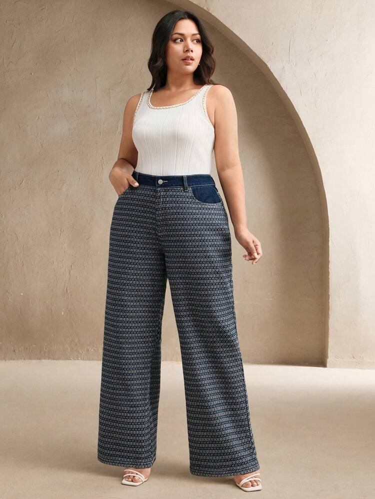 여성용 캐주얼 데님 자카드 루즈 와이드 레그 바지