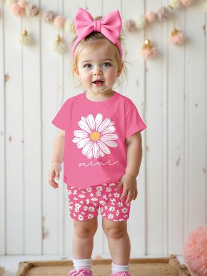 SHEIN 女婴休闲简约圆领短袖T恤和紧身短裤套装，适合春夏季