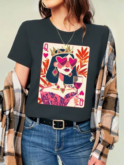 EMERY ROSE Plus Size Damtopp Summer 'Q' Grafiska T-shirts Kortärmad T-shirt