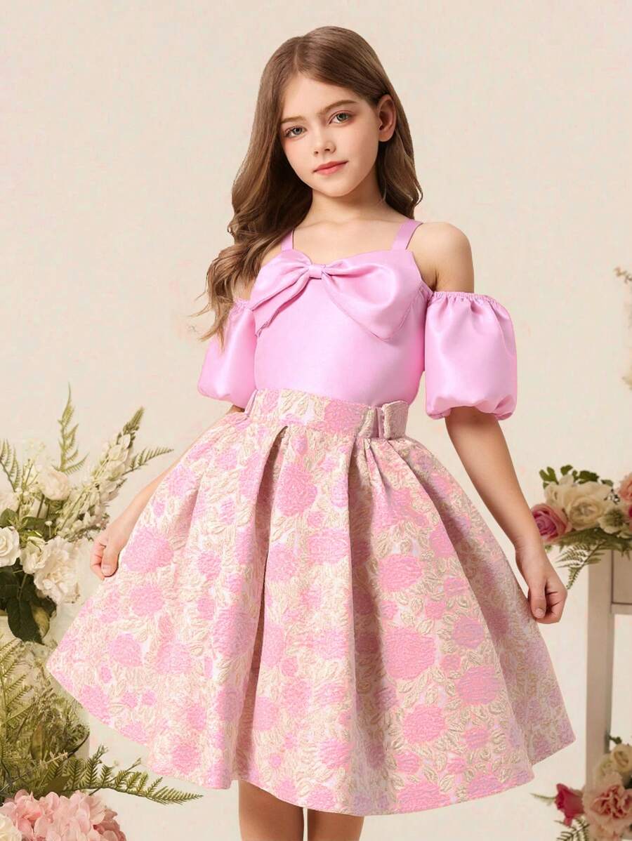 2 sztuki/zestaw Tween Girls Elegancki top z rękawami motylkowymi i spódnicą w kwiaty, różowy, letni - Różowy - Zobacz 1