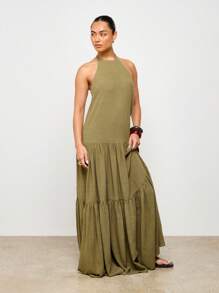 AiiRZ Elegante abito lungo da maxi con scollo ad aletta, a balze, estivo bohémien, ampio, lungo fino ai piedi, senza maniche, effetto lino, per serate, vacanze, matrimoni, adatto per tutte le stagioni