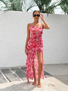 SHEIN Swim 1pc Spring Break Ruffled Floral Print Spaghetti Strap Cut-Out Swimwear Dress, Suitable For Dates And Going Out For Summer Beach Vacation