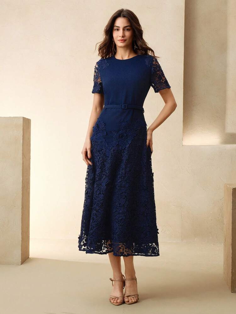 Elegant Lace Hollow-Out Patchwork Waist Belt Slim Waist Round Neck Midi Dress, Summer Easter Outfit For Women Festival