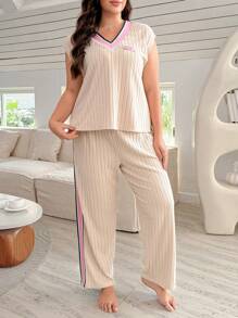 SHEIN Plus Size Contrast Color Block V-Neck Tank Top & Pants Pajama Set, Outfits - Apricot - View 6