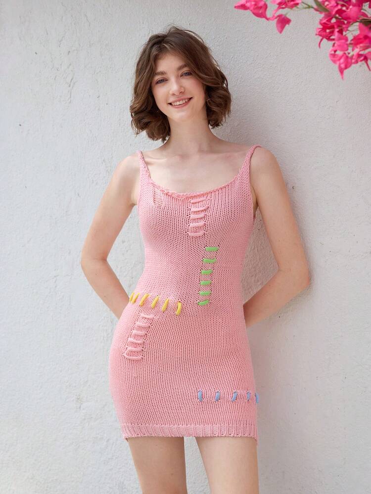 Skyraze Women's Multi-Color Patchwork Spring Knitted Bodycon Mini Dress, Spring Dress - Multicolor - View 5