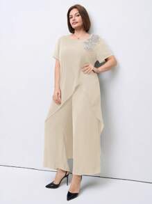 Chikora 2 件套大码女式优雅精致短袖衬衫和裤子套装 - 杏色 - 查看 3