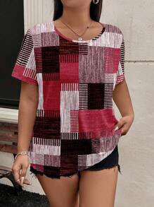 SHEIN LUNE Áo thun cổ tròn tay ngắn in họa tiết khối màu cỡ lớn cho nữ - Nhiều màu - Xem 6