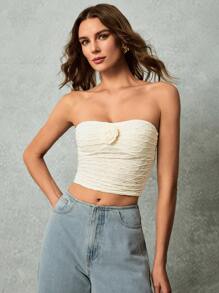 Poéselle Women's Elegant Cream White 3D Floral Decorated Sleeveless Summer Cropped Camisole Top,Dining Beach Vacation Off The Shoulder Y2k Tops - Apricot - View 1