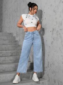 SHEIN ICON Plus Size Women Casual Loose Straight Leg Light Blue Non-Stretch Jeans