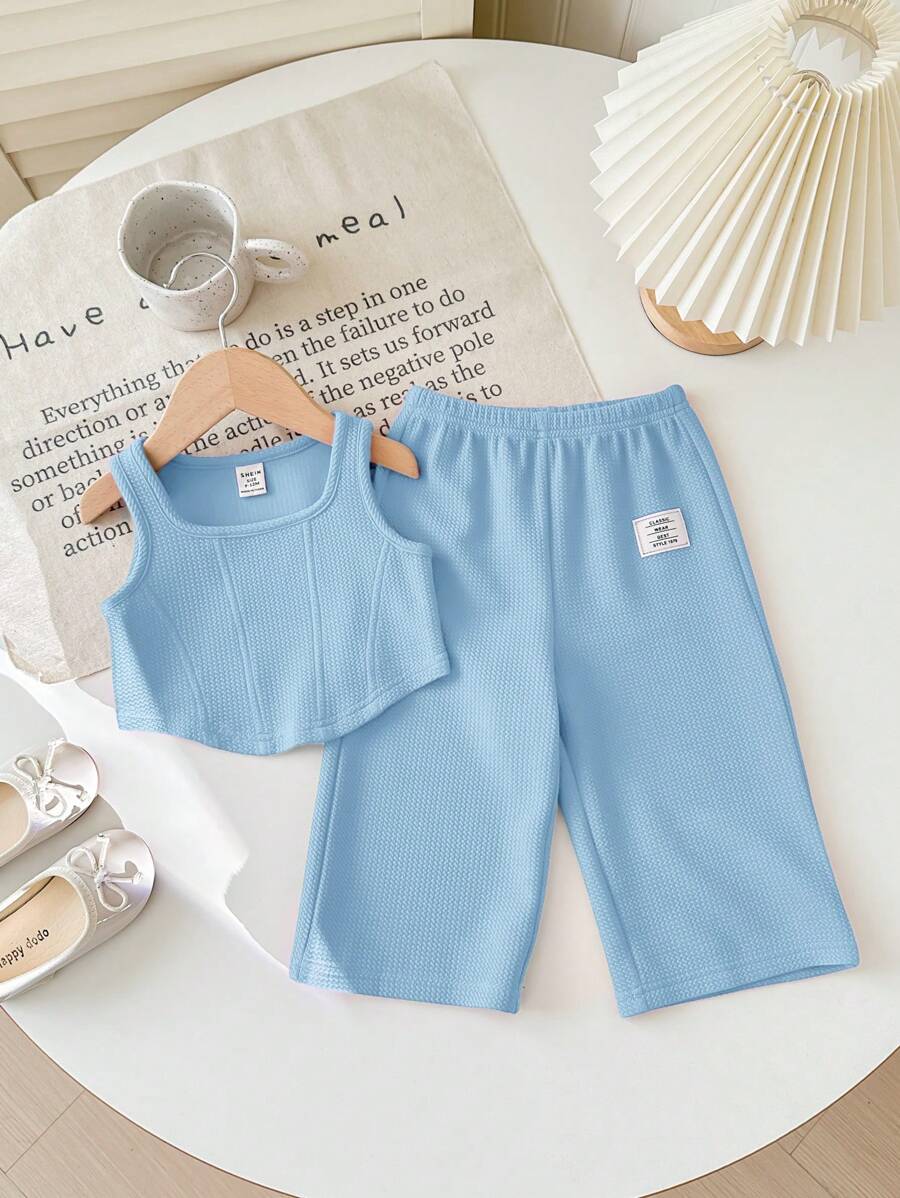 SHEIN Baby Girl Summer Cute Knitted Pink Tank Top & Elastic Waist Pants 2pcs Set - Blue - View 1