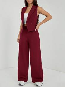 SHEIN PETITE Two Pieces Fall Outfits 2pcs/Set Women Solid Color Sleeveless Top And Pants Fall Clothes - Burgundy - View 6
