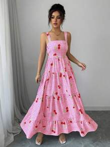 Elenzga Women's Blue Plaid & Cherry Print Ruffle Trimmed Slip Dress For Vacation - Pink - View 1