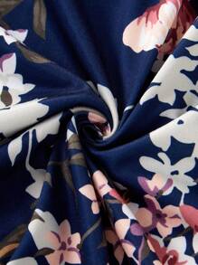 Rochie de damă, albastru bleumarin, ocazională, cu modele florale, cu tiv cu volan, îmbrăcăminte pentru acasă