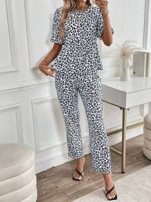 Chiquease 2pcs/Set Women Leopard Print Ruffle Trim Crew Neck Top And Pants - Multicolor - View 3