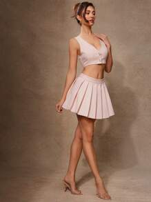 L'Amorae Summer Women Outfit, Women Clothes, Women's Pink Cute Gold Bow Button Vest And Skirt Two Pieces Set, Women Skirts, Women Tops, Women Tank Tops, Women Set, Pink Top, Pink Skirt, Women Two Pieces Sets, Skirt Set. For Date Night, Concerts, Performances, Wedding, Parties, Clubs, Evening, Business Casual Women - Pink - View 5