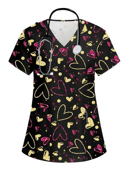 PopScrub Colorful Heart Print Short Sleeve /Nursing Scrub Uniform Top  Print V Neck Frosted Scrub Top, Casual Short Sleeve Work Wear, Women Sweetheart V-Neck Ruched Blouse, Women Short Sleeve V-Neck Nurse Uniform Shirt With 2 Pockets, Soft Stretchy Ruched Graphic Tee V-Neck Short Sleeve Blouse For Lady Wear Women's V-Neck Short Sleeve Double Pocket Cute Cartoon Animal Pink Heart Rabbit Print Simple Nurse Uniform Set/Doctor Work Uniform Set/ Examination & Surgery Uniform Set/Solid Color Pet Grooming Work Uniform Set/Nutritionist Work Uniform Short Sleeve Set/Functional Multi-Pocket Lab Work Uniform Top
