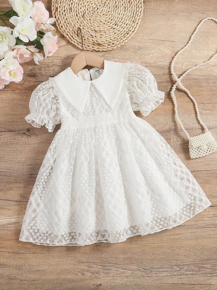 1 Stück Mädchen elegantes Kleid mit Peter-Pan-Kragen, Rüschen-Taille und Kurzarm