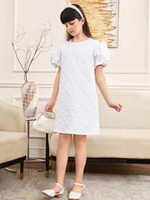 SHEIN Vestido de princesa de manga corta con decoración floral 3D sólido para niña preadolescente - Blanco - Ver 4