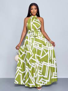 SOLERSUN 大码女士时尚休闲全印花吊带长款飘逸连衣裙配节日腰带（随机花朵）春夏连衣裙