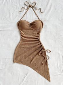 Soleia 度假吊带系带纹理面料不对称下摆连衣裙 - 卡其色 - 查看 4