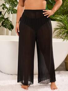 Swim Lushoire Plus Size Women's Elegant Black Sheer Beach Pants Cover Up For Summer Beach Vacation - Black - View 1