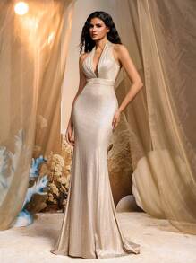 Glamrae Elegant Champagne Shimmery Coated Halter Plunge Neckline Exposed Back Asymmetric Waistline Mermaid Tail Hem Formal Evening Gown, Party Dress, Wedding Guest Dress, Evening Dress - Champagne - View 7