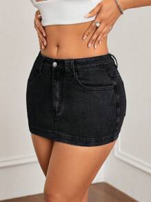 SHEIN ICON Casual Washed Slim-Fit Mini Denim Skirt - Black - View 4