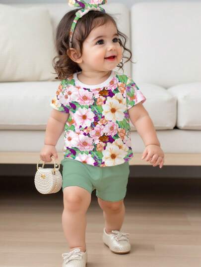 SHEIN 女婴花卉印花简约休闲圆领短袖 T 恤和紧身裤套装，适合春夏季