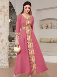 Al Najma Women's V-Neck 3/4 Sleeve Abaya Dress With Applique Decoration, Elegant Arabic Traditional Style Kaftan Jalabiya Dress - Coral Pink - View 3