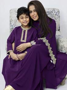 Modelyn Plus Size Women Arabic Style 2pcs Set : Applique Contrast Color Cape Jacket & Dress, Modest