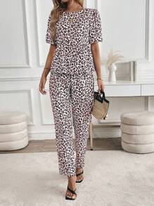 Chiquease 2pcs Women's Casual Leopard Print Short Sleeve Top And Pants Set - Multicolor - View 5