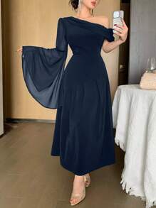 DAZY Damen elegantes einfarbiges Kleid mit asymmetrischem Kragen und Glockenärmeln, elegantes Sommerkleid, formelle Damenkleider - marineblau - Übersicht 2