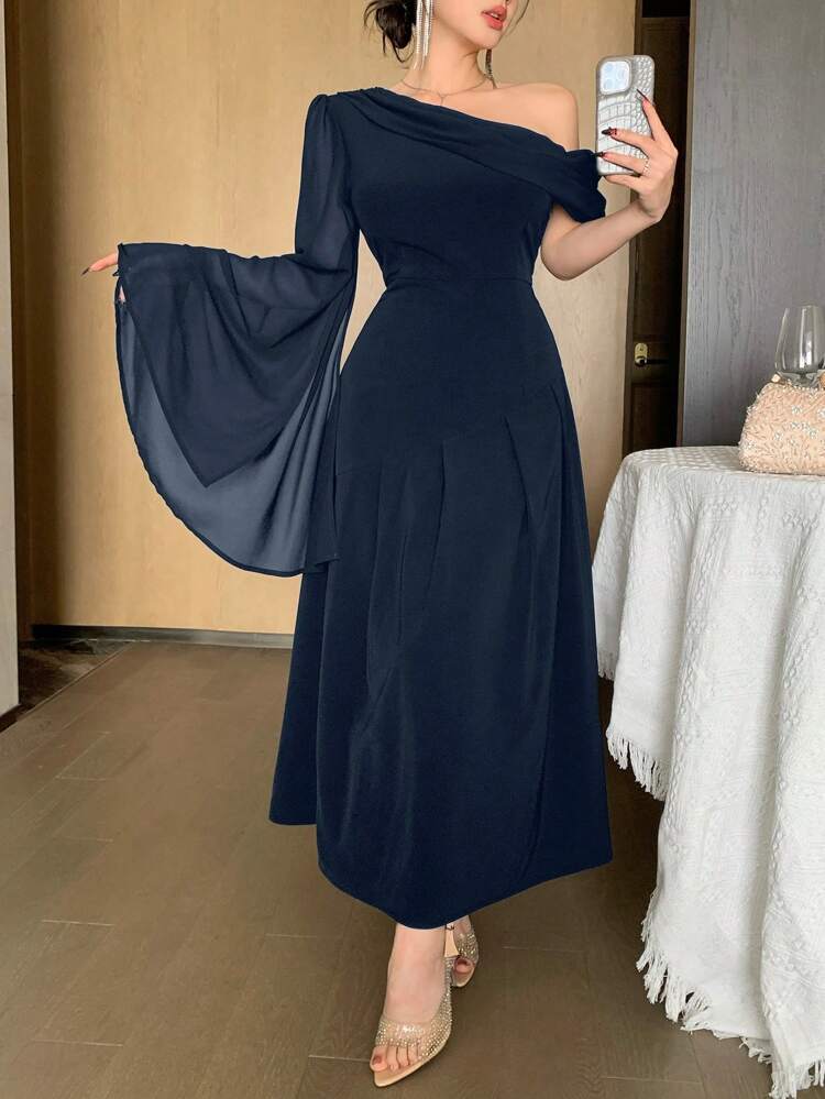 Vestido elegante de mujer de unicolor con cuello asimétrico y mangas acampanadas, vestido de verano elegante, vestidos formales de mujer