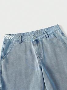 SHEIN Forever 21 Quần short denim rộng rãi in chữ màu xanh nhạt cho nam/Quần short denim nam/Thường ngày/Rộng rãi/Phong cách đường phố - Rửa nhẹ - Xem 4