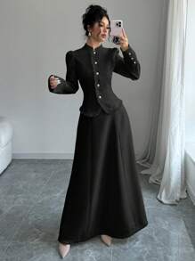 Elenzga 2 件套：女士优雅拼接流苏夹克和裙子 - 黑色 - 查看 3