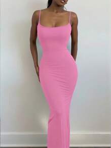 Zyxie Vestido elegante de un solo color, de ajuste slim y tirantes finos extra largos para mujer