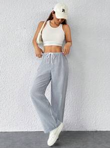 SHEIN PETITE Striped Women's Linen Low Rise Pants, Summer Vacation - Navy Blue - View 5