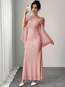 Firerie Gaun Wanita Elegan Menawan dengan Detail Kerut, Warna Pink Muda Pucat, Motif Jala dan Bunga, Cocok untuk Pernikahan, Ninang, Kencan, dan Hari Valentine. Gaun Maxi Sederhana - Berwarna merah muda - View 7