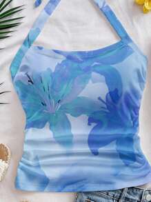 SHEIN WYWH 女士度假露背蓝色纹理针织修身吊带背心，适合夏季 - 藍色 - 查看 5