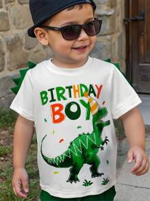 SHEIN Playful Pals 2pcs/Set Toddler Boys Birthday Dinosaur Graphic Tee And Shorts Set, Suitable For Birthday Party Photos, Spring/Summer - Green - View 1