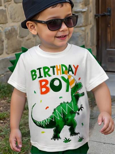 SHEIN Playful Pals 2 st/set Småbarn Pojkar Födelsedag Dinosaur Grafisk T-shirt och shorts Set, Lämplig för födelsedagsfestbilder, vår/sommar