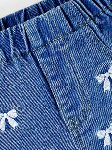 Girls' Simple Casual Cute Dopamine Color Butterfly Embroidery Loose Comfortable Bleached Blue Denim Shorts, Necessary Item For Daily Wear, New Arrival 2025 - Medium Wash - View 3